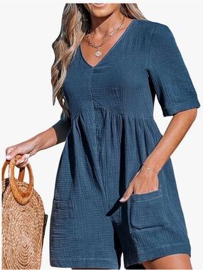 100% Cotton Cupshe Slate Blue Textured Short Sleeve Romper